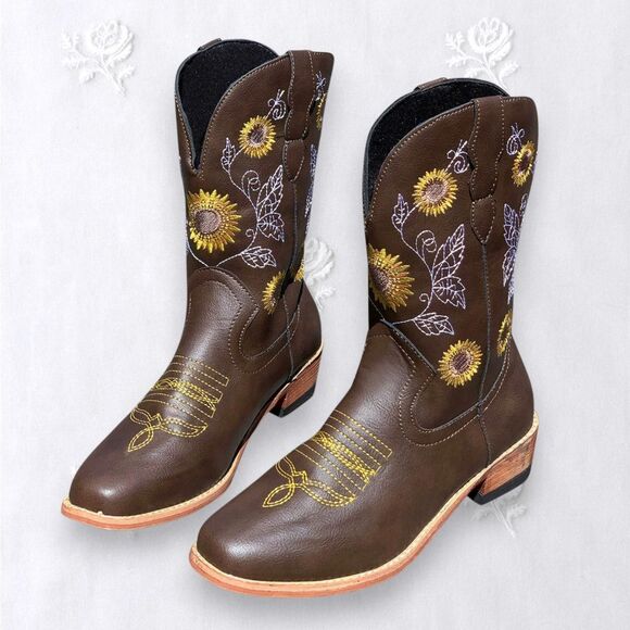Nokio Iconic Flower Embroidered Brown Yellow Mid Calf Western Cowgirl Boots US 8 - Picture 1 of 8